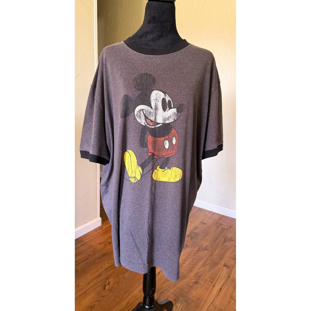 Walt‎ Disney World Mickey Mouse Vintage Ringer T-Shirt Mens XXL Gray Distressed